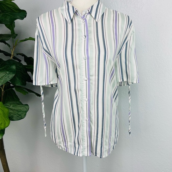 NEW VINCE CAMUTO Stripe Drawstring Button Up Shirt Cream Ivory Green - Picture 3 of 8
